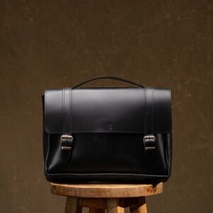 Convertible Black Leather Laptop Satchel with Buckle Straps